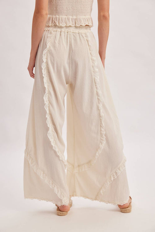 BOHO EYELET LACE RUFFLE TRIMMED WIDE PANTS