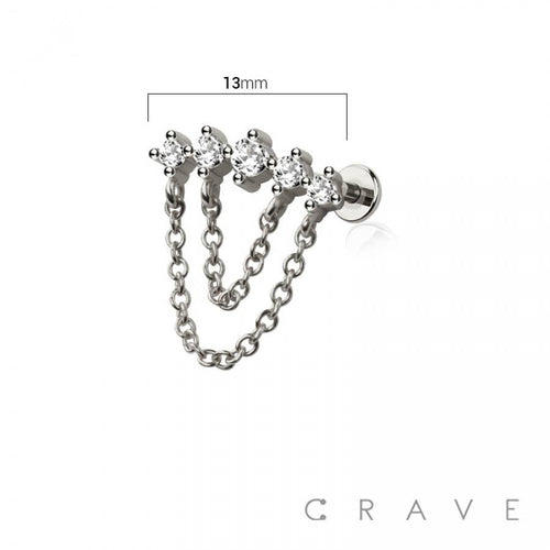 MULTI ROUND CZ DANGLE CHAIN TOP 316L SURGICAL STEEL THREADLE