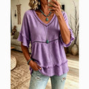 Boho Eyelet Trim Linen V Neck Ruffle Sleeve Blouse
