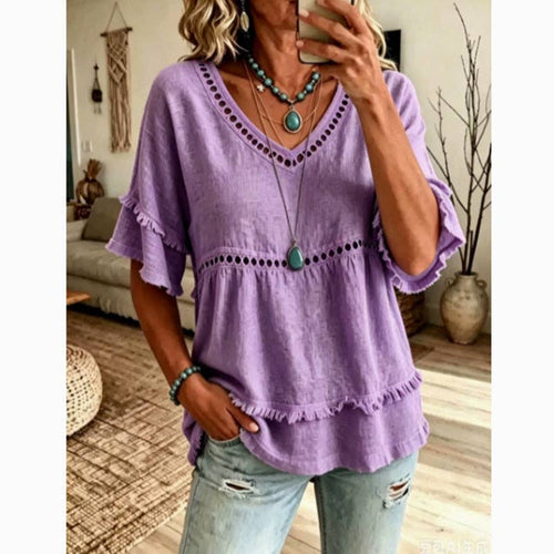 Boho Eyelet Trim Linen V Neck Ruffle Sleeve Blouse