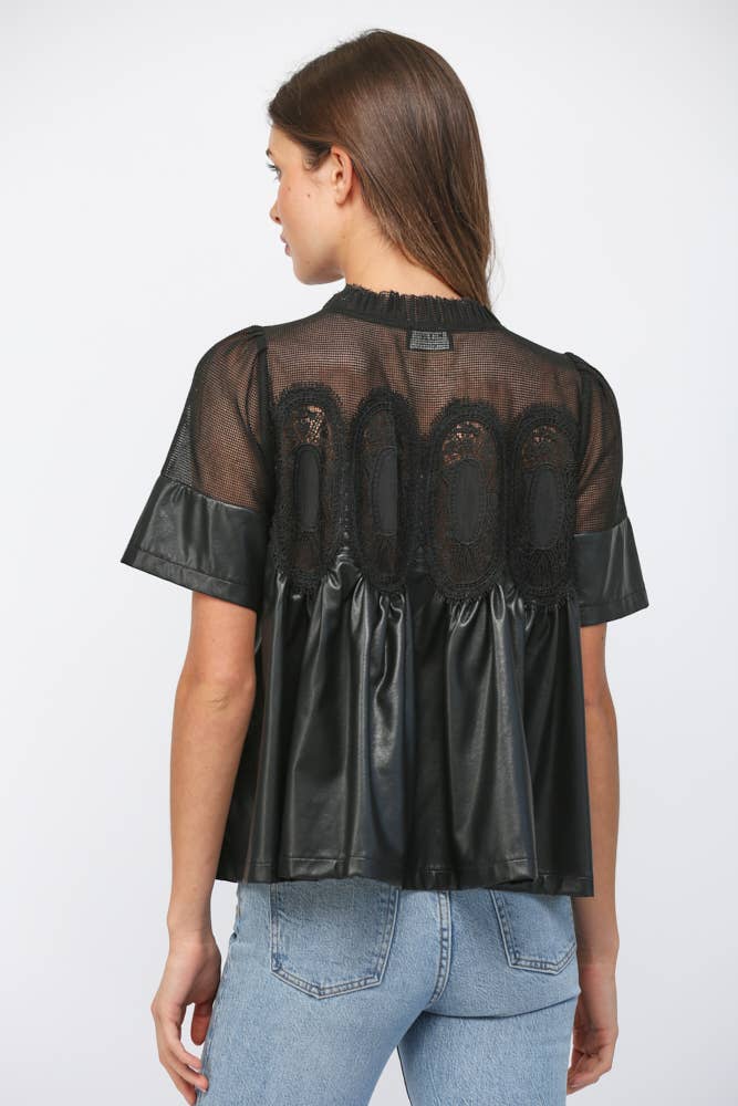 LACE OVERLAY FAUX LEATHER BABYDOLL TOP FT24196