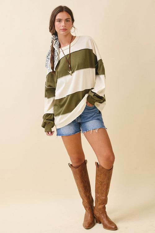 8551GN Oversized Color Block Long Sleeve Pullover