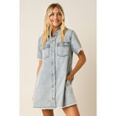 WASHED DENIM SHORT SLEEVE MINI SHIRT DRESS