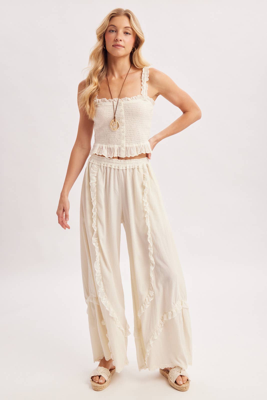 BOHO EYELET LACE RUFFLE TRIMMED WIDE PANTS