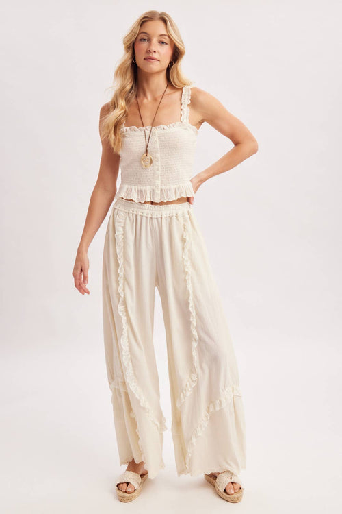 BOHO EYELET LACE RUFFLE TRIMMED WIDE PANTS