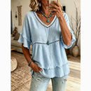 Boho Eyelet Trim Linen V Neck Ruffle Sleeve Blouse