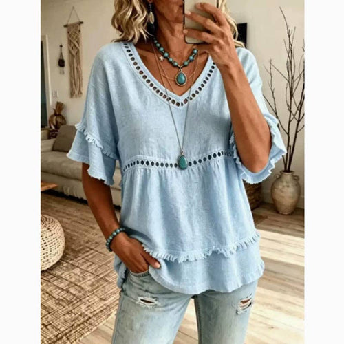 Boho Eyelet Trim Linen V Neck Ruffle Sleeve Blouse