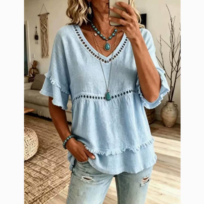 Boho Eyelet Trim Linen V Neck Ruffle Sleeve Blouse