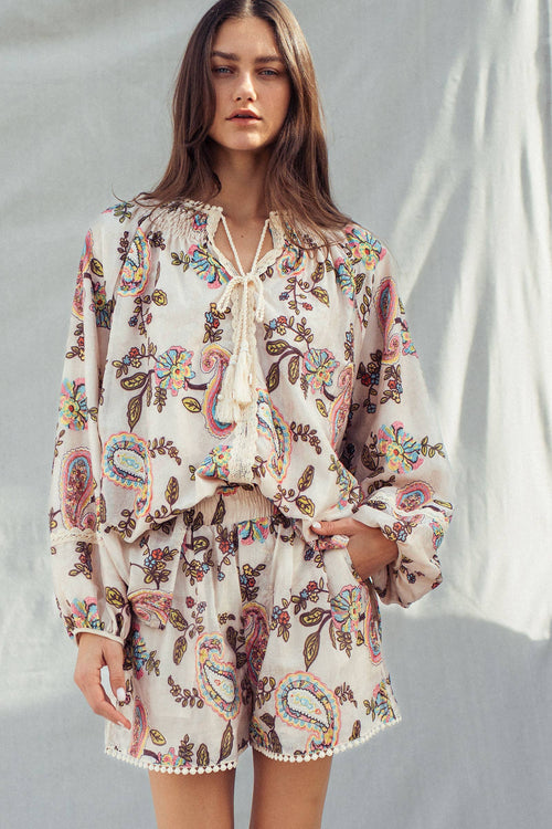 Embroidered Boho Paisley Blouse Top