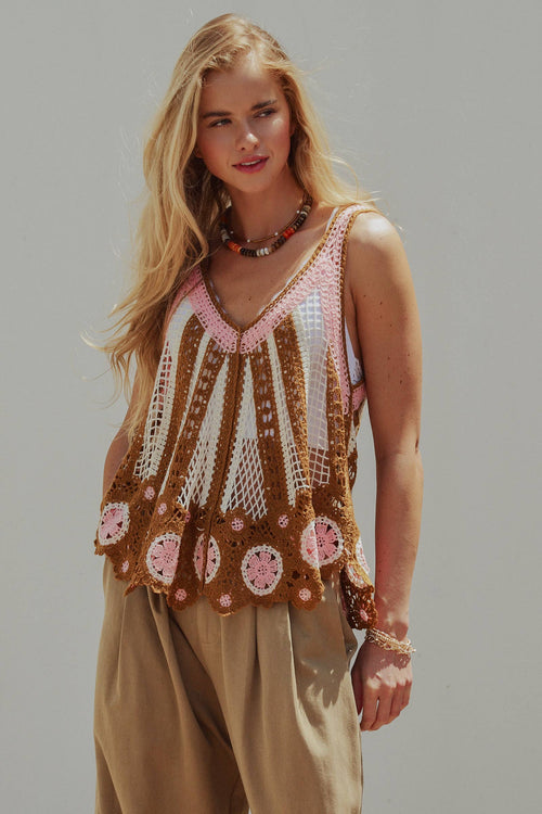 Floral Motif Open-Knit Crochet Tank