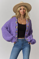 Chunky Multicolor Trim Knit Cardigan – Lavender