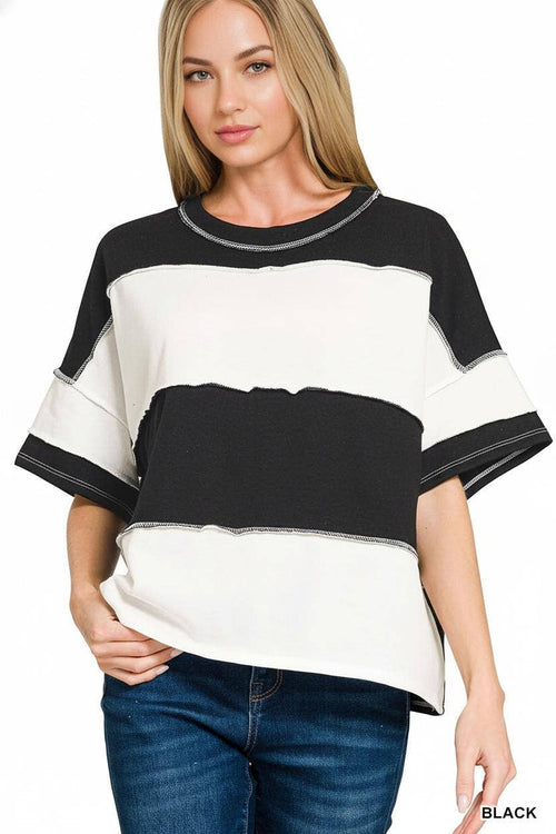 French Terry Color Block Exposed Seam Top - Zenana