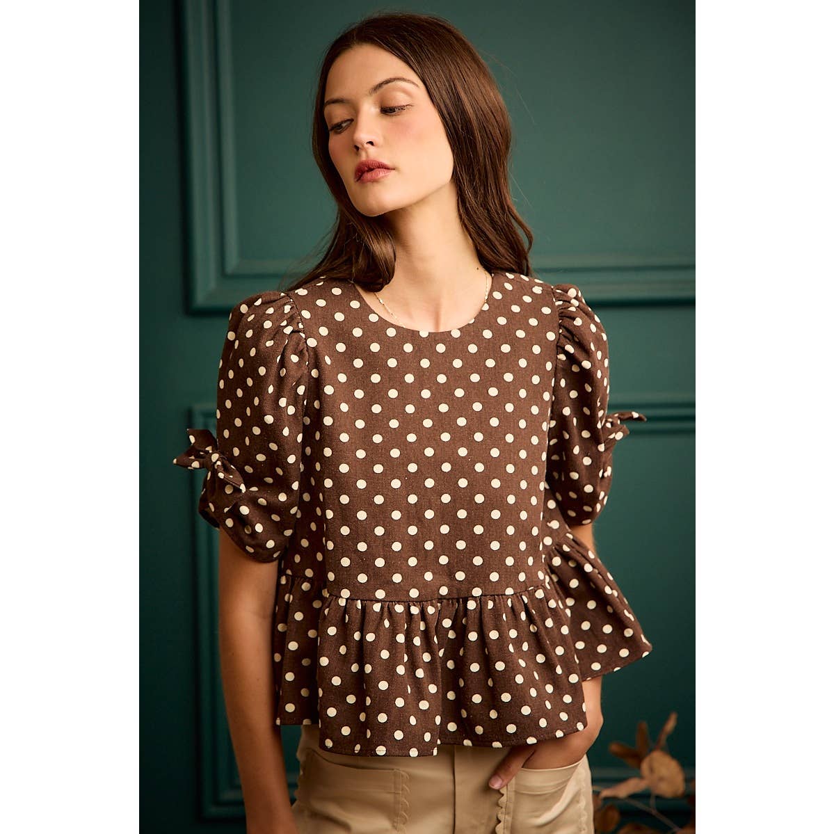 POLKA DOT BOW DETAIL SHORT SLEEVES PEPLUM TOP