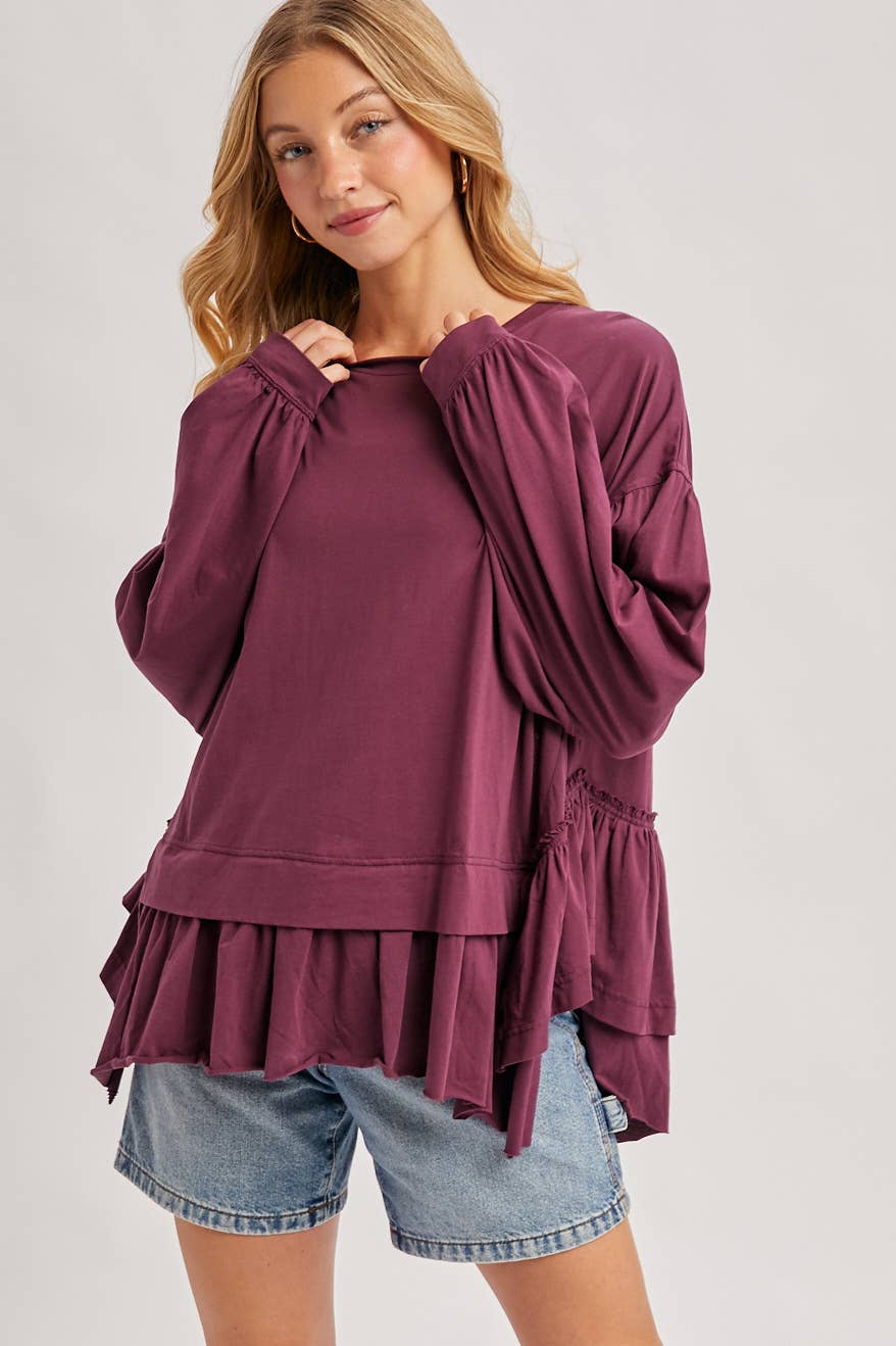 RUFFLED PEPLUM HEM OVERSIZED KNIT TOP