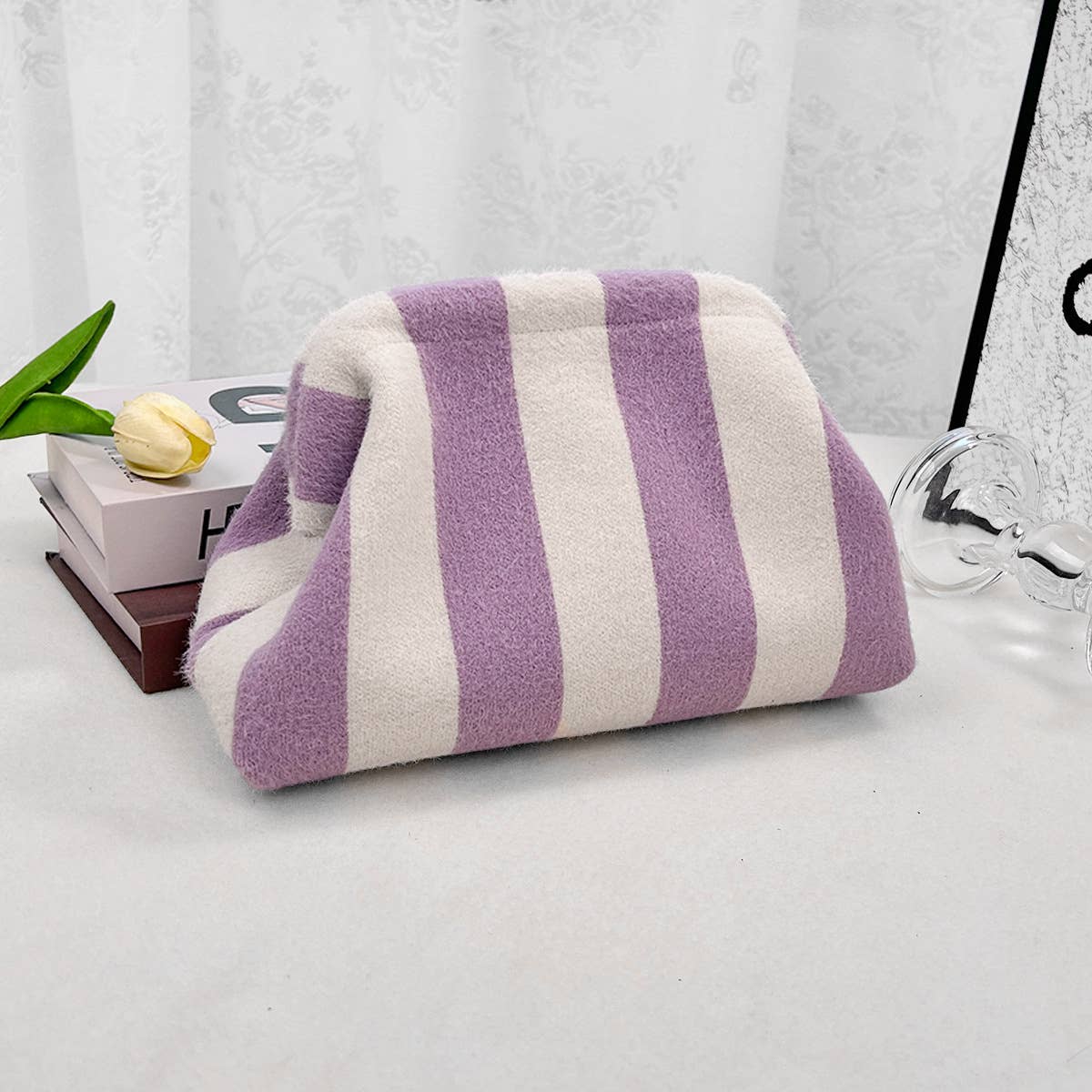 Compact Urban Chic Stripe Design Clutch Bag Makeup Pouch