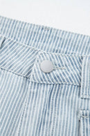Sky Blue Stripe Button Flap Pocket Cuffed Hem Wide Leg Jeans